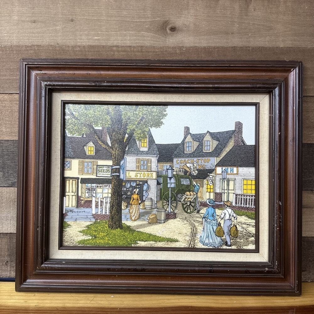 H.Hargrove Framed Original Signed Sergraph Oil Painting General store 12x16